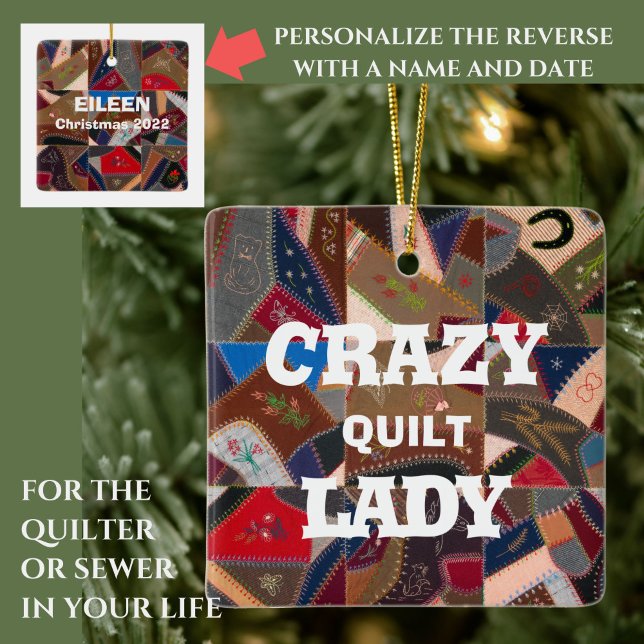Adorno De Cerámica Graciosa "Crazy Quilt Lady" Personalizado Patchwor (This fun vintage crazy quilt pattern ornament is for the quilter or sewer in your life! )