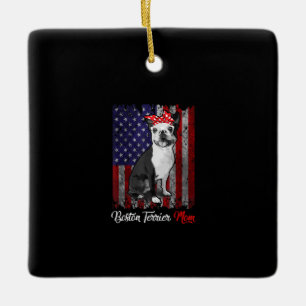 Adorno De Cerámica Graciosa Mamá Terrier de Boston Bandera Americana 