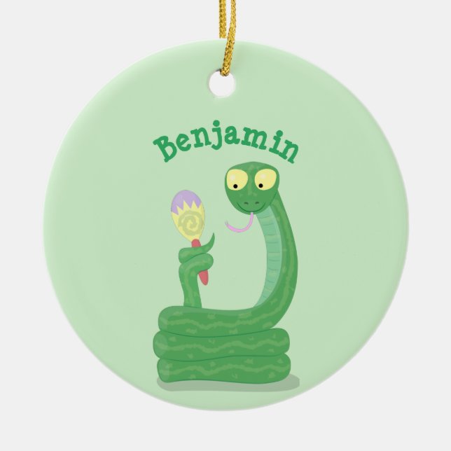 Adorno De Cerámica Graciosa serpiente verde con maraca personalizado (Frente)