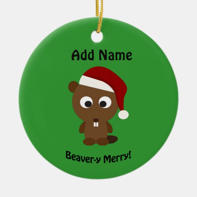 Adorno De Cerámica ¡Gracioso Beaver-y Merry! Santa Beaver (Frente)