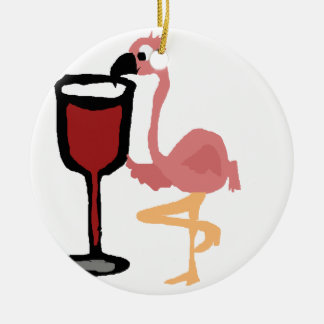 Adorno De Cerámica Gracioso Flamingo Rosa que bebe vino rojo