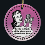 Adorno De Cerámica Gracioso ganador de Bunco Vintage Rosa<br><div class="desc">Funny Bunco o diseño de arte gráfico de juegos de dados presenta a mujeres de estilo retro sosteniendo sus ganancias en efectivo. Comida divertida Bunco o premio de la Noche del Casino Funny. El decorativo de los bungalows incluye un elegante borde con manchas de puré y pequeños puntos negros de...</div>