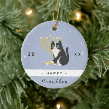 Gracioso gato Menorah y Dreidel Happy Hanukkah Blu