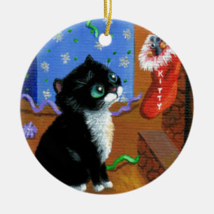 Adorno De Cerámica Gracioso gato Navidades Tuxedo Kitten Mouse