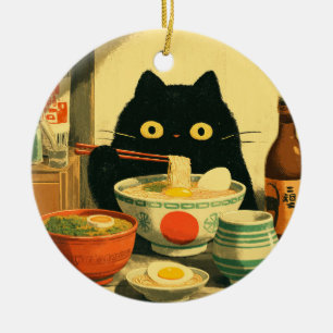 Adorno De Cerámica Gracioso gato negro comiendo Ramen