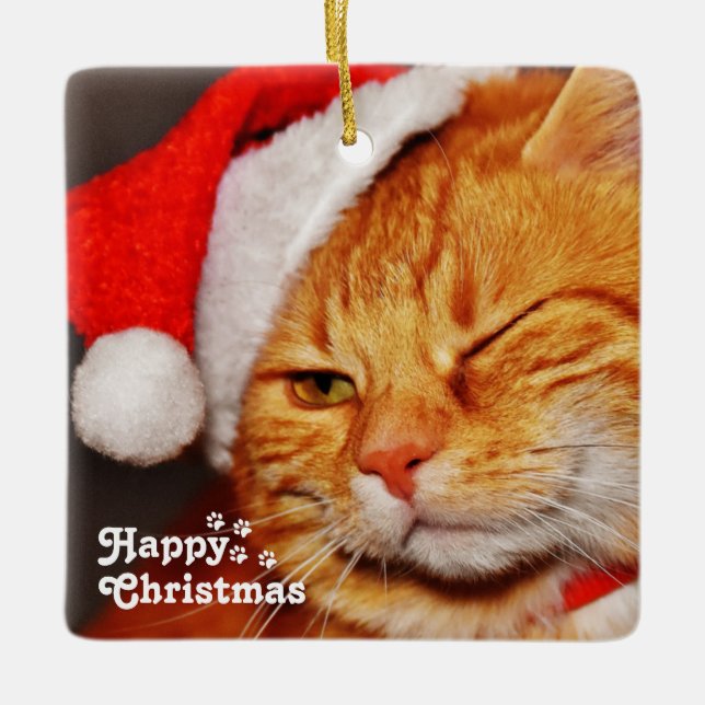 Adorno De Cerámica Gracioso Gato Wink Santa&Happy Navidades Únicos (Anverso)