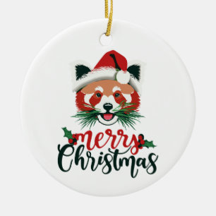Adorno De Cerámica Gracioso Panda Rojo Feliz Navidad