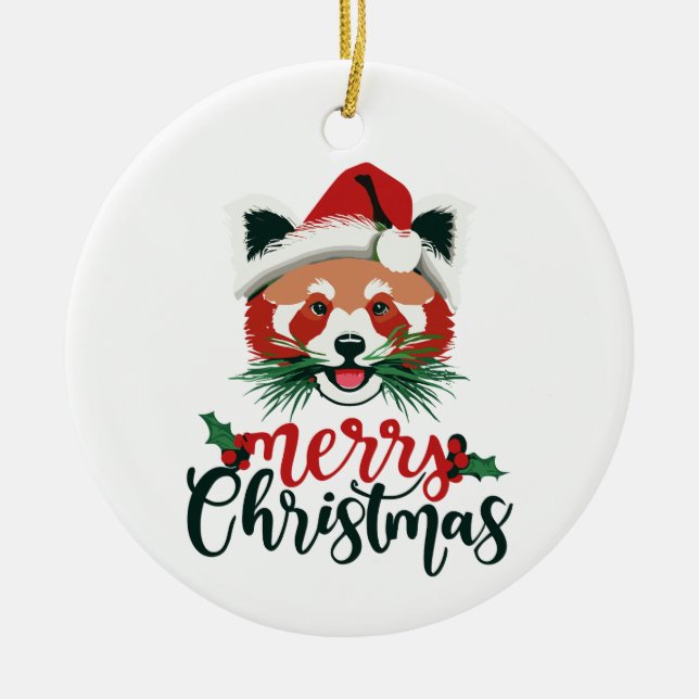 Adorno De Cerámica Gracioso Panda Rojo Feliz Navidad (Frente)