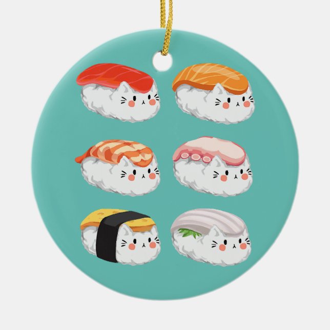 Adorno De Cerámica Graciosos gatos con Sixpack de Sushi para todos lo (Frente)
