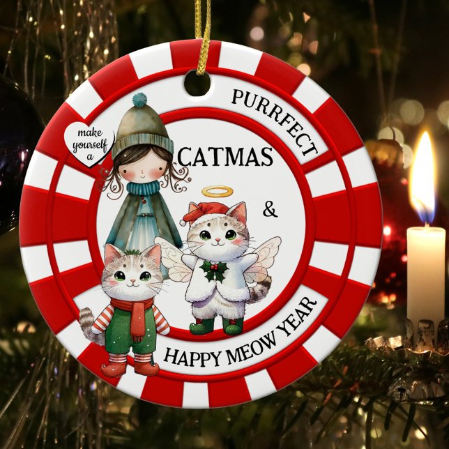 Adorno De Cerámica Graciosos gatos Locos Dama de Gatos Navidades Cute (Colorful Christmas ornament featuring illustrations of a cute cat angel, kitty and crazy cat lady.)