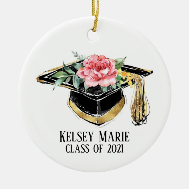 Adorno De Cerámica Grad Cap With Flowers Graduation Keepsake (Frente)
