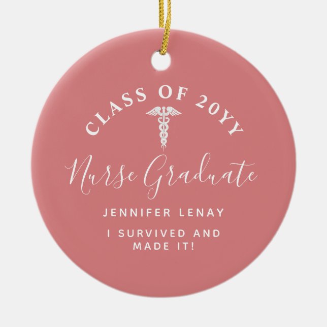 Adorno De Cerámica Graduación de enfermera Caduceus Monograma de Keep (Frente)