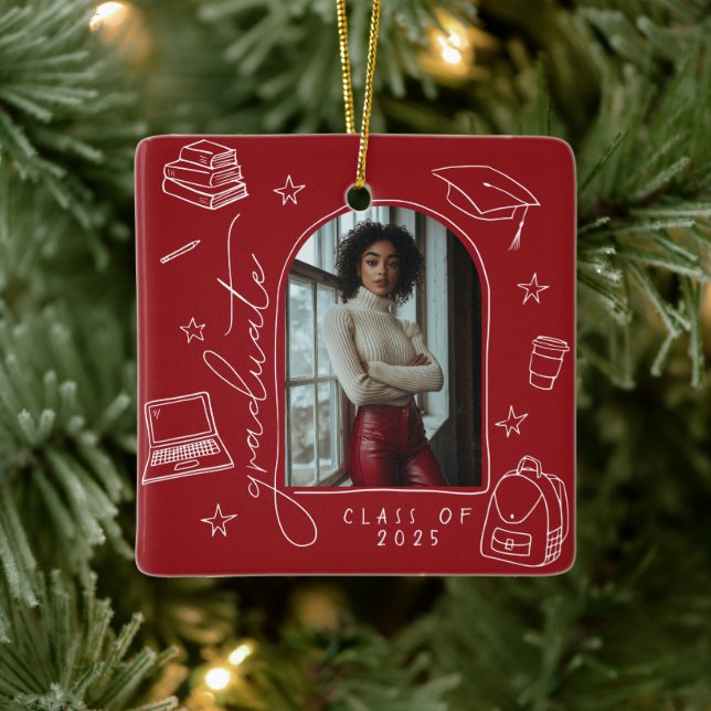 Adorno De Cerámica Graduación de foto de Red White Retro dibujada a m (Árbol)