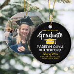 Adorno De Cerámica Graduación fotográfica Felicitaciones a los blanco<br><div class="desc">Conmemorar el logro de la graduación con un adorno navideño de Navidad con una foto personalizado de color negro y dorado. La imagen y todo el texto son simples para el personalizar. Incluya el nombre y el título de la escuela, felicitaciones, gracias mamá y papá, u otro mensaje de su...</div>