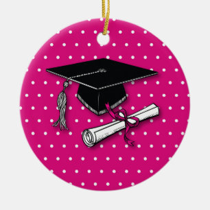 Adorno De Cerámica Graduación Gorra de puntos rosados de polka, Diplo