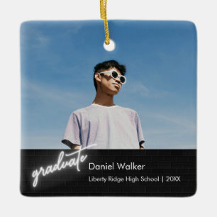 Adorno De Cerámica Graduación moderna de escritura a mano negra neón 