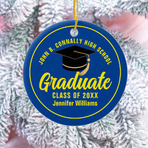 Adorno De Cerámica Graduación Navidad Azul Amarillo Personalizada