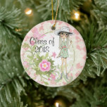 Adorno De Cerámica Graduación personalizada de Chica Guay y flores ro<br><div class="desc">Chica de Guay con ornamento de graduación de flores rosas. Personalizado con una fecha,  nombre o cualquier texto que desee agregar. ~</div>
