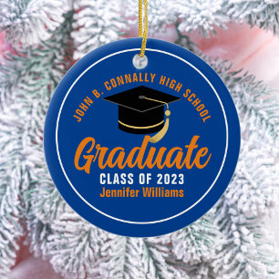 Adorno De Cerámica Graduación personalizada de naranja Blue Graduate