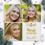 Adorno De Cerámica Graduación personalizada moderna de 3 Collages de<br><div class="desc">Celebra tu graduación con nuestro elegante y moderno ornamento de collage de fotos - ¡la manera perfecta de conmemorar tu día especial! Este sencillo e impresionante keepsake ofrece espacio para tres fotos personalizadas, junto con tu nombre y el año escolar, con un toque realmente personalizado. Ya sea que estemos celebrando...</div>