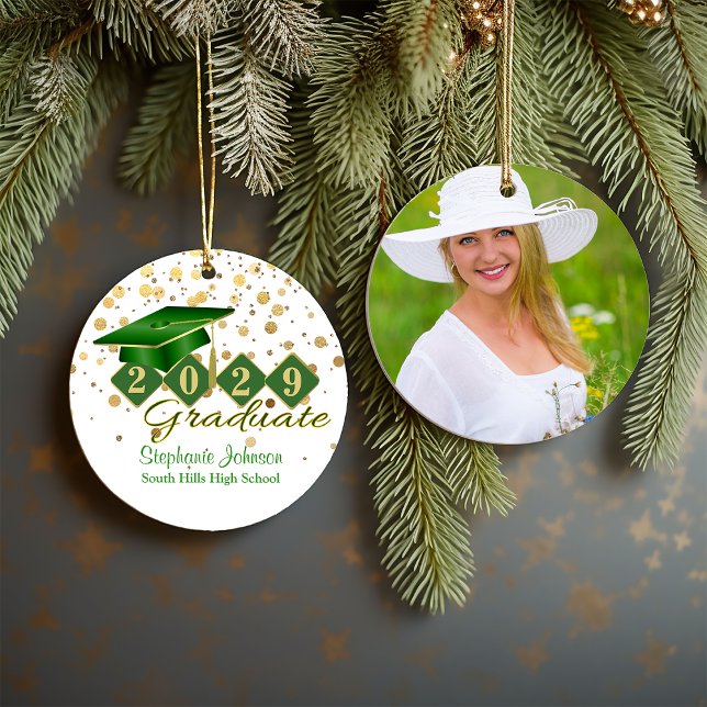 Adorno De Cerámica Graduación Verde y Oro 2021 Foto (Graduation Green and Gold Photo Ceramic Ornament)