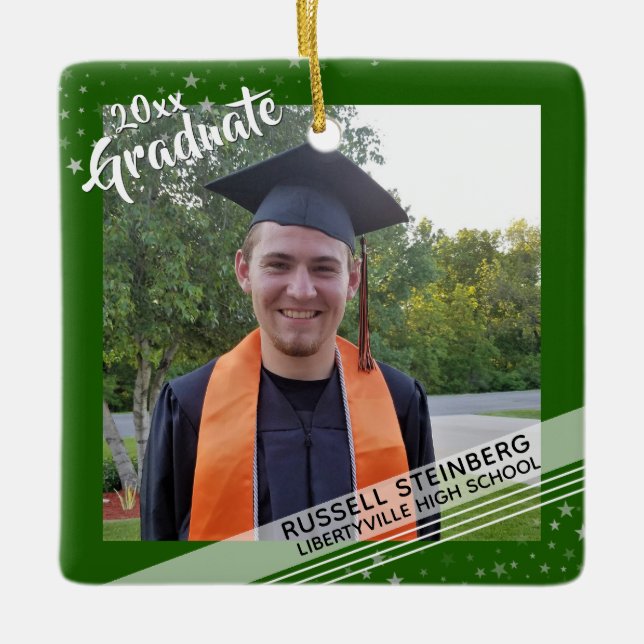 Adorno De Cerámica Graduado, Borde Verde Editable, Dos Fotografías (Anverso)