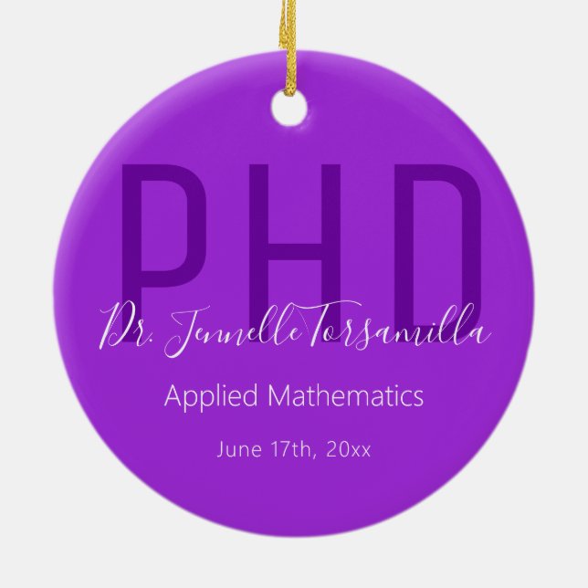 Adorno De Cerámica Graduado Keepsake Purple White Name Degree PhD (Atrás)