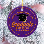 Adorno De Cerámica Graduado Personalizado  de Graduado Naranja Púrpur<br><div class="desc">Este moderno ornamento de Navidad morado y naranja personalizado de grado superior presenta su nombre de instituto o universidad para la clase de 2024. Personalizar con tu año de graduación bajo el guión manuscrito de la moda y el tapón negro para un gran regalo personalizado de graduación.</div>