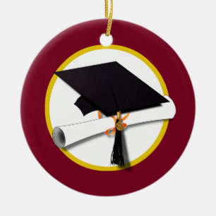Adorno De Cerámica Graduation Cap & Diploma - Dark Red Background