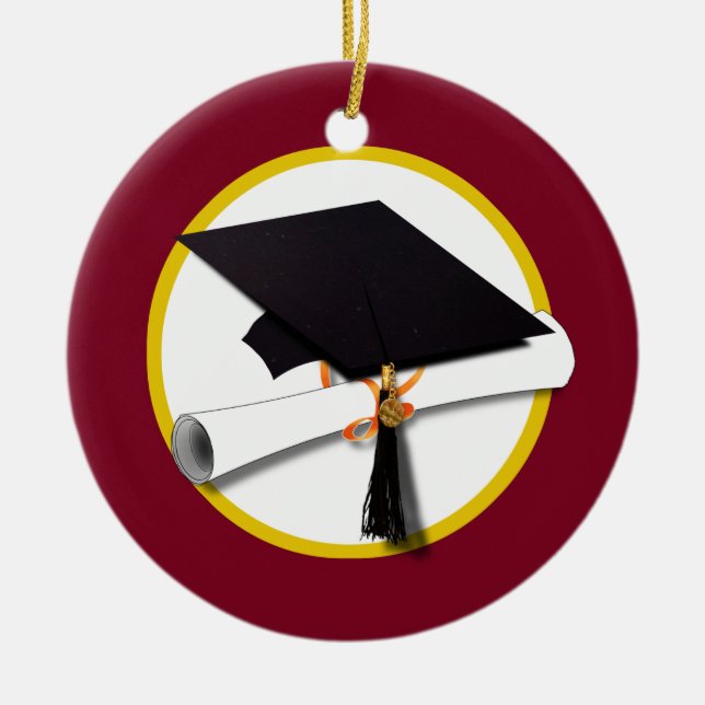 Adorno De Cerámica Graduation Cap & Diploma - Dark Red Background (Frente)