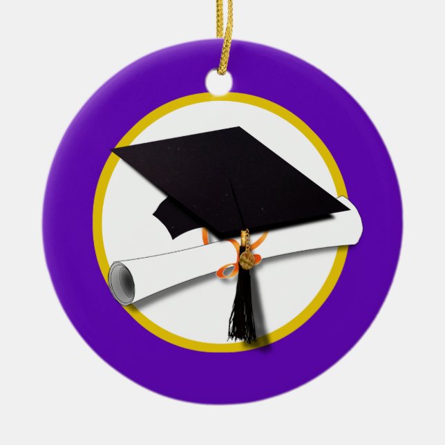 Adorno De Cerámica Graduation Cap w/Diploma - Purple (Frente)