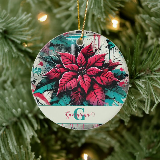 Adorno De Cerámica Graffiti floral de poinsettia esponjoso personaliz (Árbol)