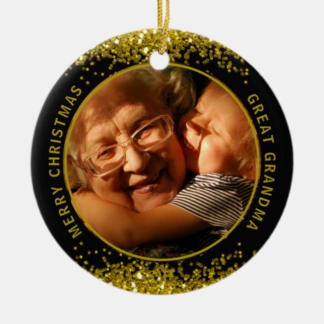 Adorno De Cerámica Gran foto de la abuela Black Gold Feliz Navidad  (Frente)