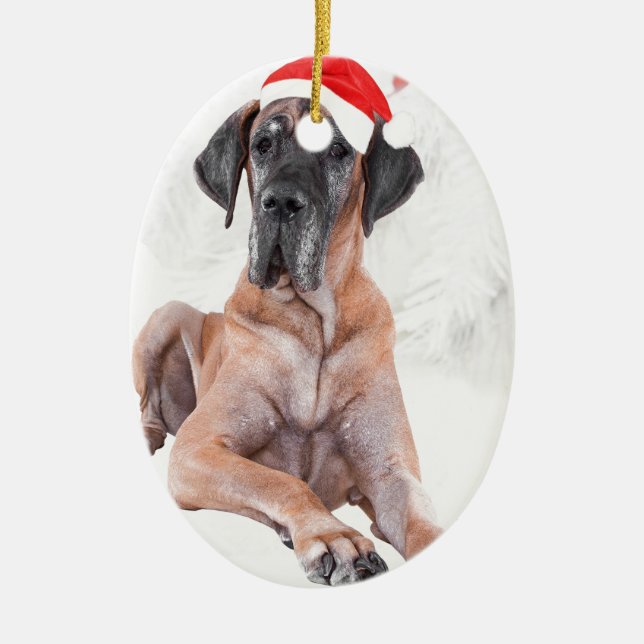 Adorno De Cerámica Gran Gorra de perro danés Feliz Navidad (Frente)