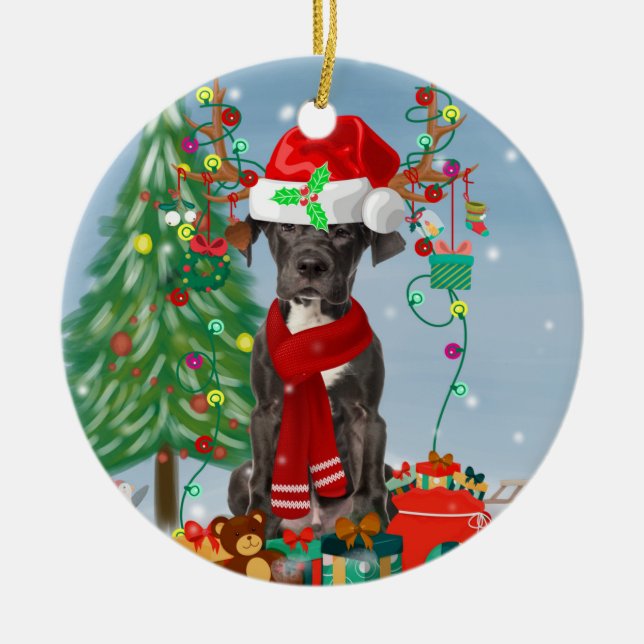 Adorno De Cerámica Gran perro danés con regalos de Navidades (Frente)