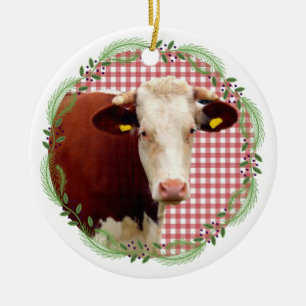 Adorno De Cerámica Granja de campo de vaca Navidades Gingham Wreath
