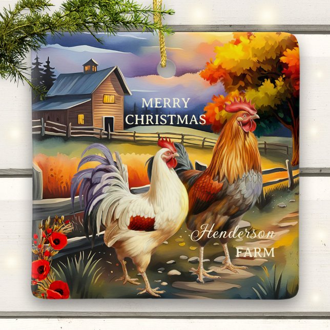 Adorno De Cerámica Granja de pollo con gallo de navidad (Christmas ceramic ornament featuring a colorful painting of a rooster and chicken - farmhouse)