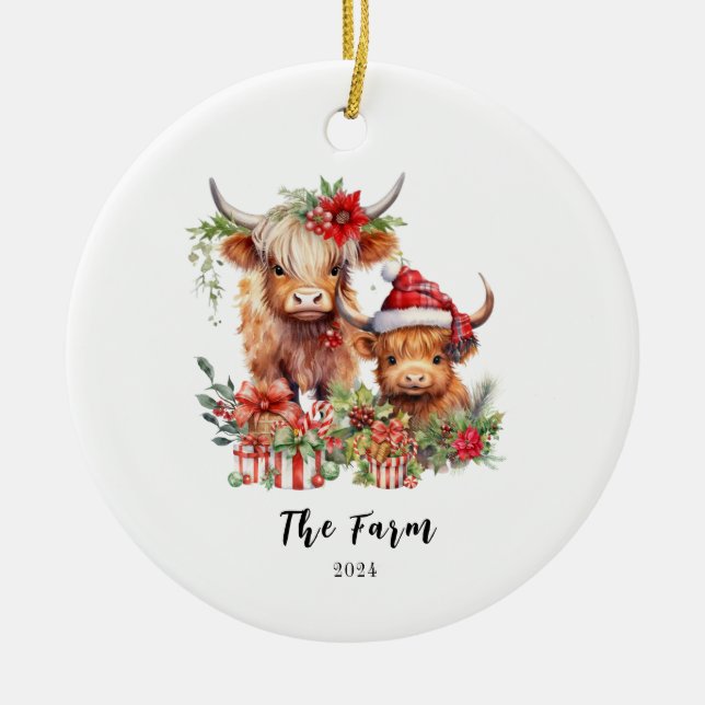 Adorno De Cerámica Granja Santa Hat personalizada Highland Cow Heifer (Frente)