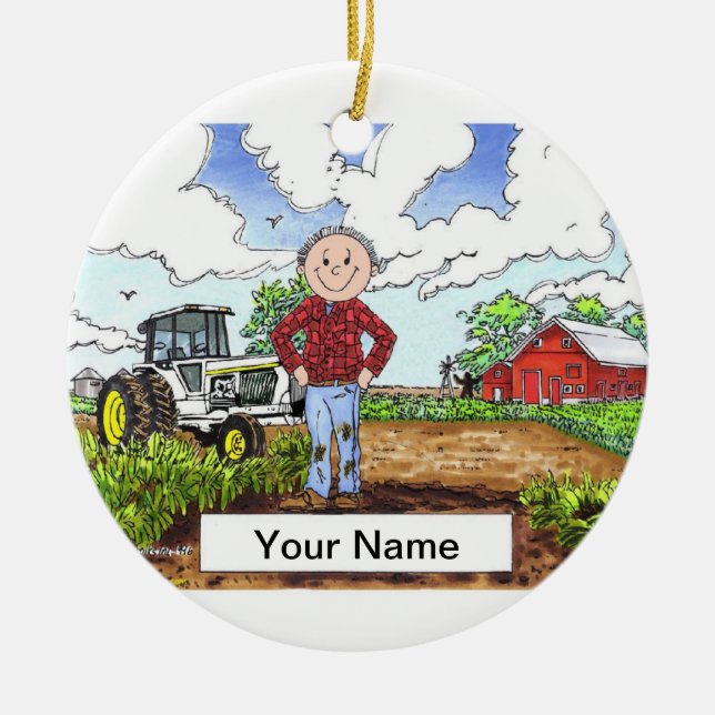 Adorno De Cerámica Granjero - Hombre, Tractor Blanco (Frente)