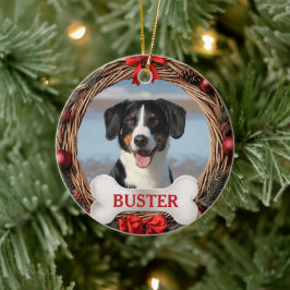 Adorno De Cerámica Grapevine Christmas Wreath Dog Photo Tree Ornament