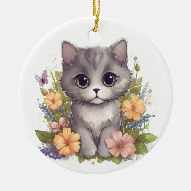 Adorno De Cerámica Gray Kitten (Frente)