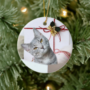 Adorno De Cerámica Gray Tabby Cat Navidades