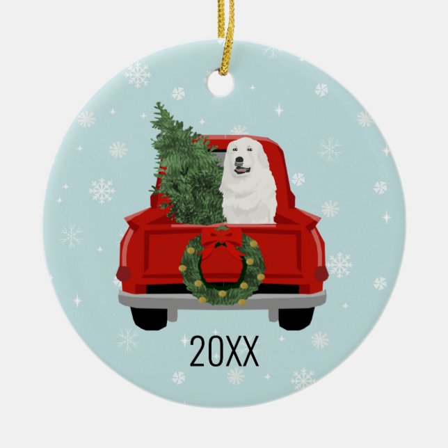 Adorno De Cerámica Great Pyrenees Christmas Red Truck (Frente)