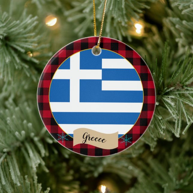 Adorno De Cerámica Grecia, manta roja de búfalo y bandera griega (Árbol)