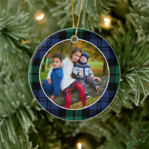 Adorno De Cerámica Green and Blue Tartan Plaid Custom Family Photo
