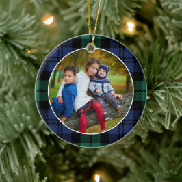 Adorno De Cerámica Green and Blue Tartan Plaid Custom Family Photo