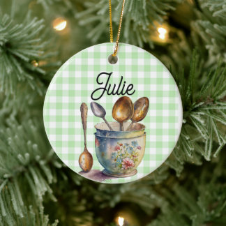 Adorno De Cerámica "Green and White Checkered - Spoons in Cup