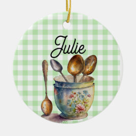 Adorno De Cerámica "Green and White Checkered - Spoons in Cup