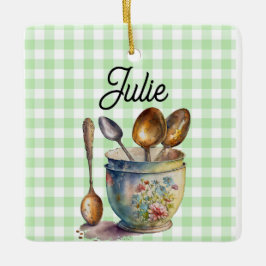 Adorno De Cerámica "Green and White Checkered - Spoons in Cup