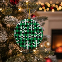 Adorno De Cerámica Green Buffalo Plaid Snowflake